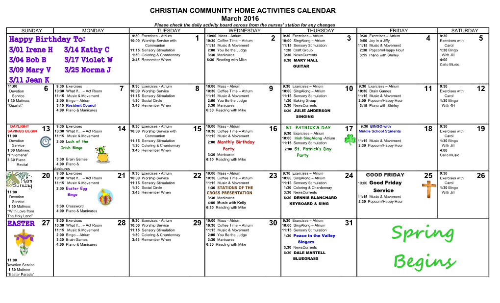 Christian Community Home Activities Calendar