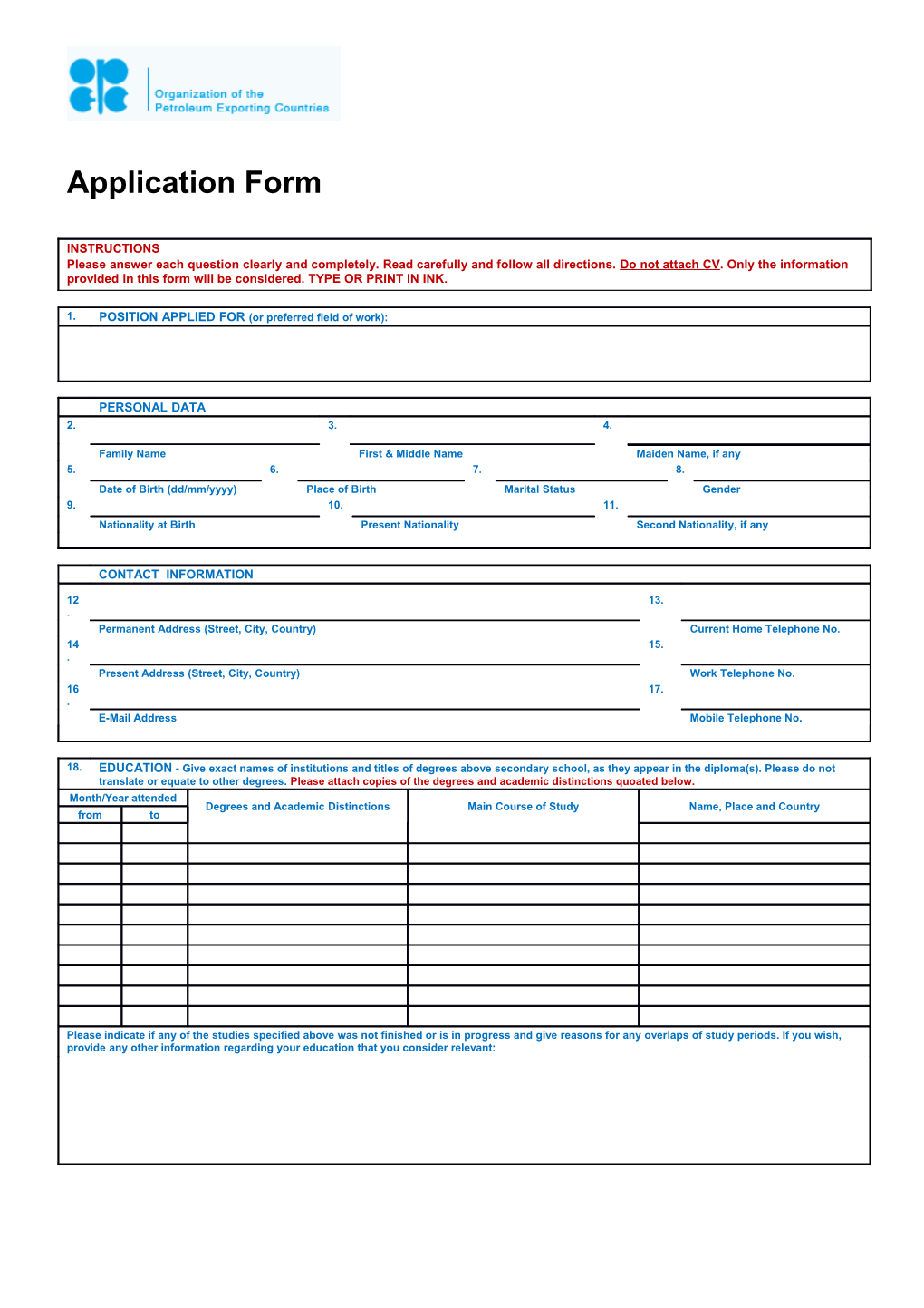 OPEC Personal History Form