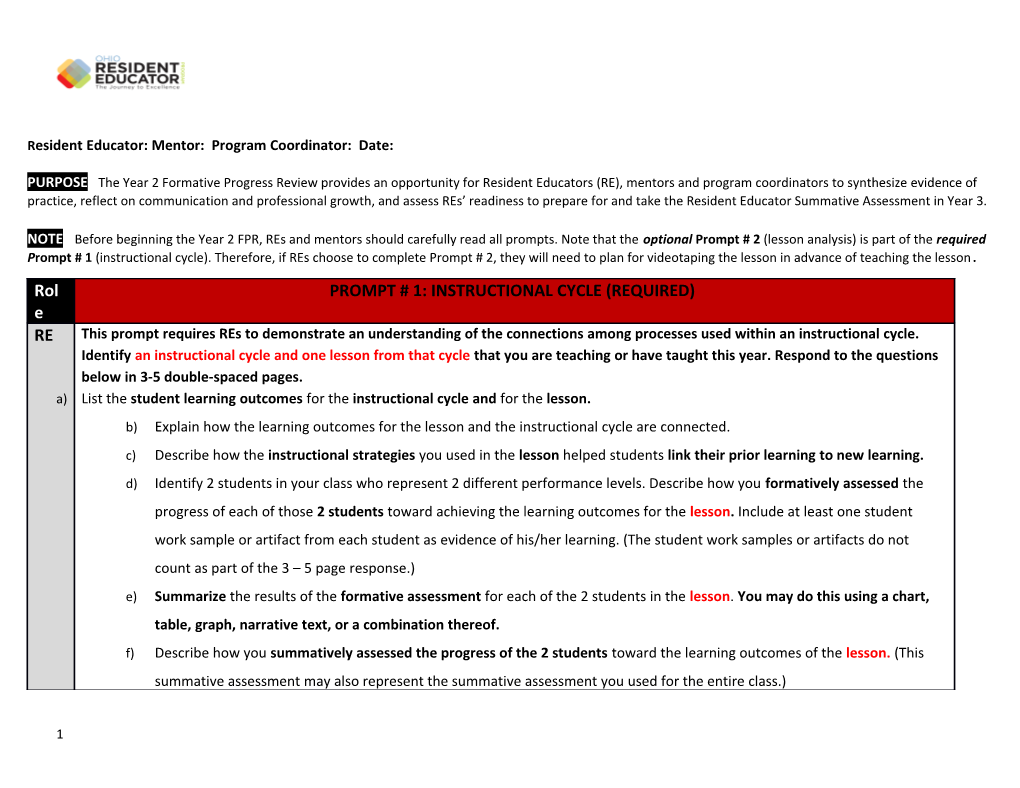 Resident Educator: Mentor: Program Coordinator: Date