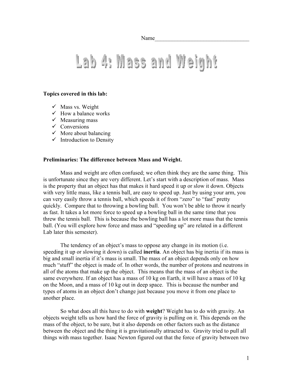 Measurements of Mass and Weight Lab 3