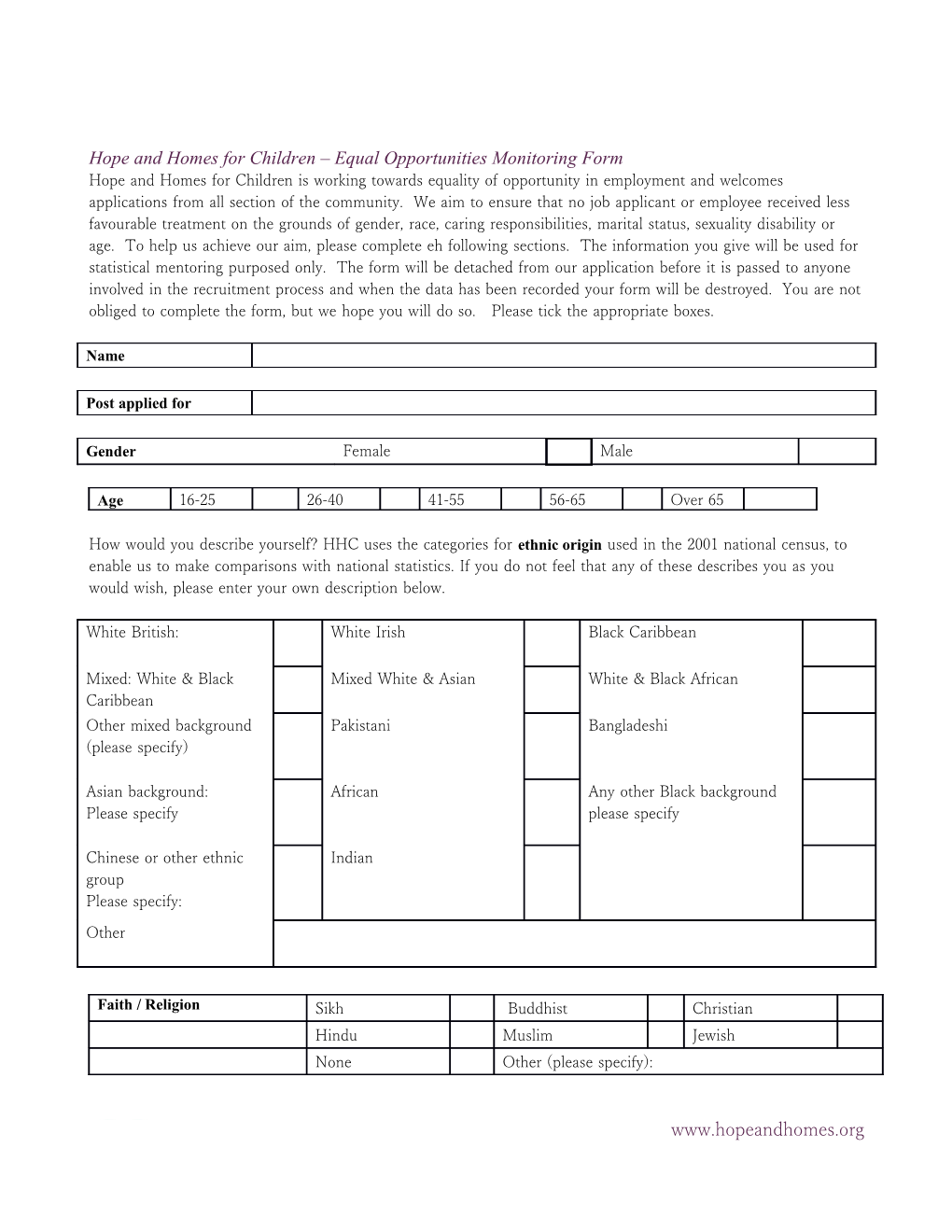 Hope and Homes for Children Equal Opportunities Monitoring Form