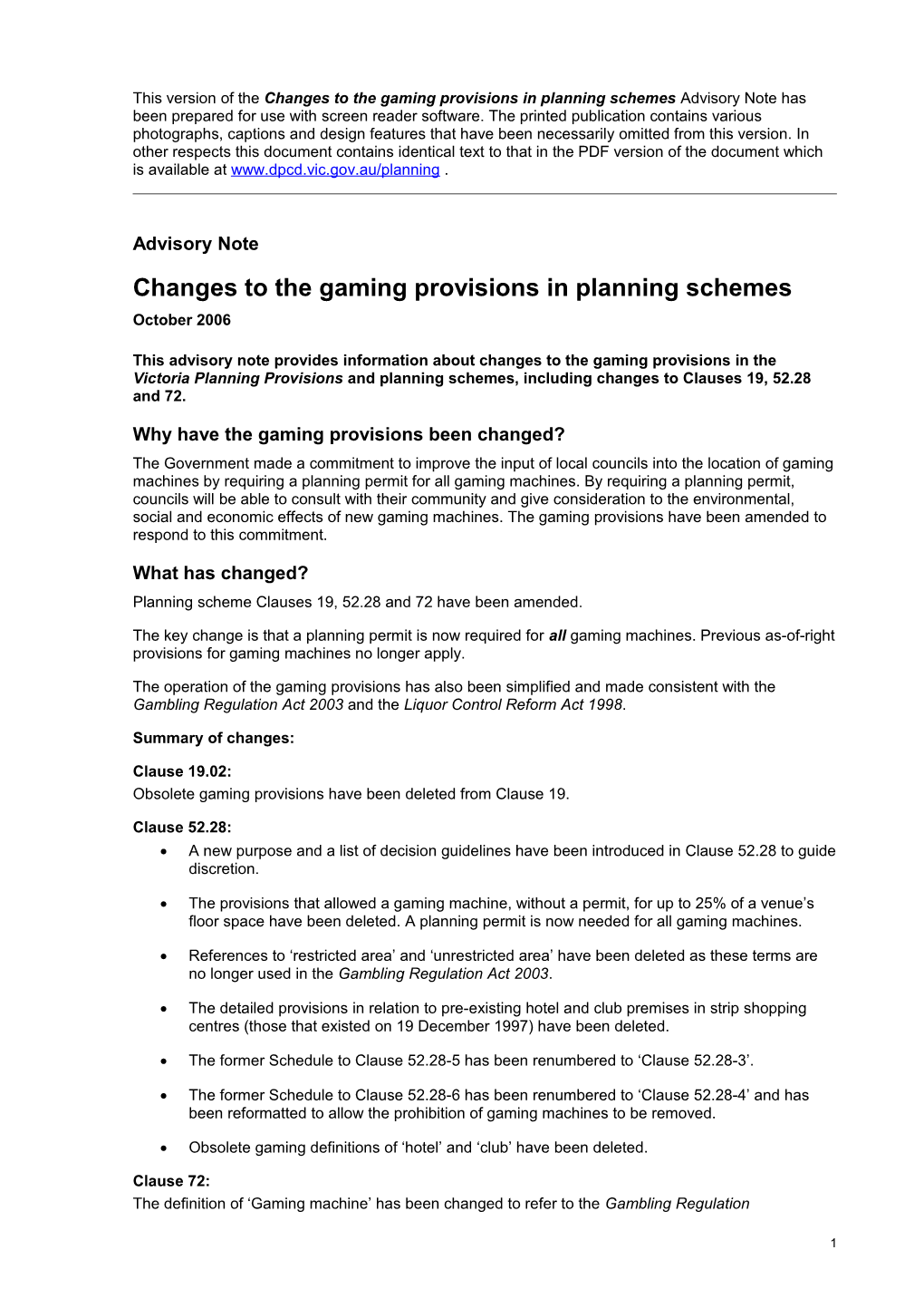 Changes to the Gaming Provisions in Planning Schemes Advisory Note