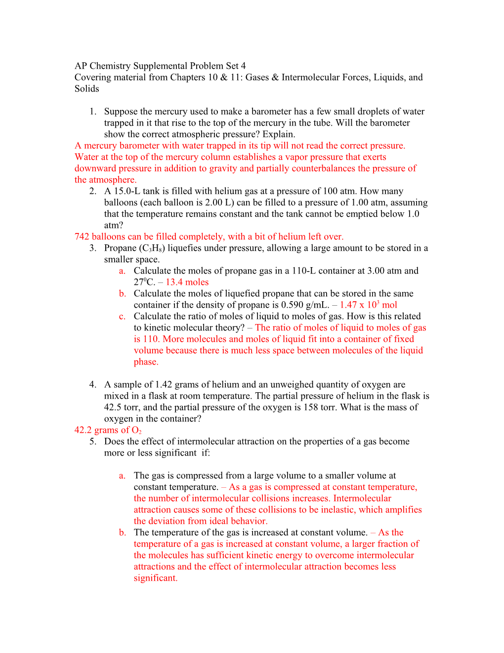 AP Chemistry Supplemental Problem Set 4