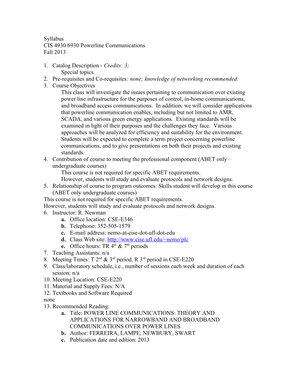 CIS 4930/6930 Powerline Communications