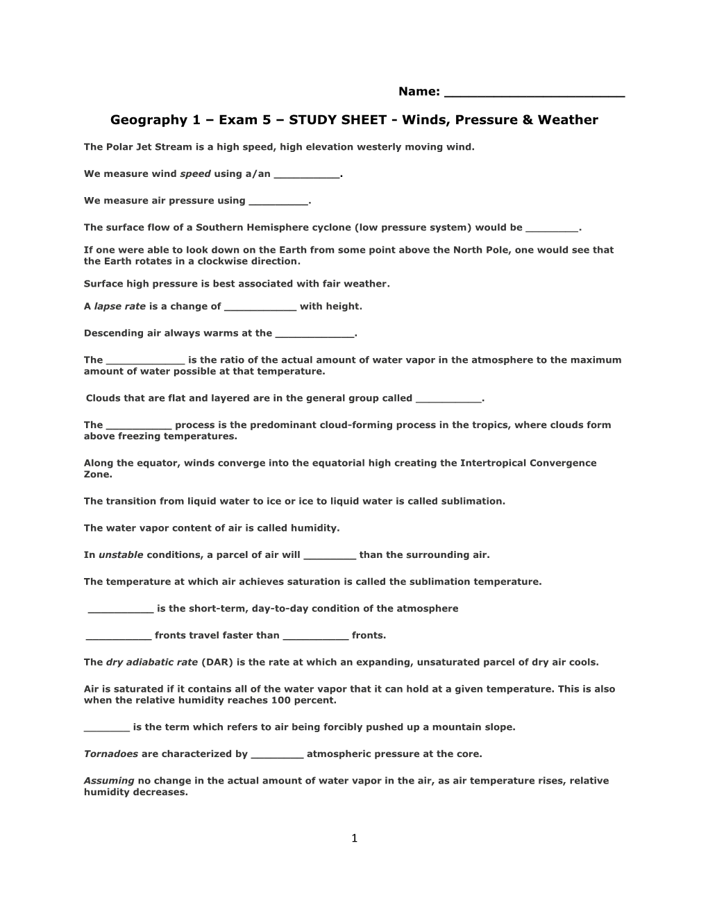 Geography 1 Exam 5 STUDY SHEET - Winds, Pressure & Weather