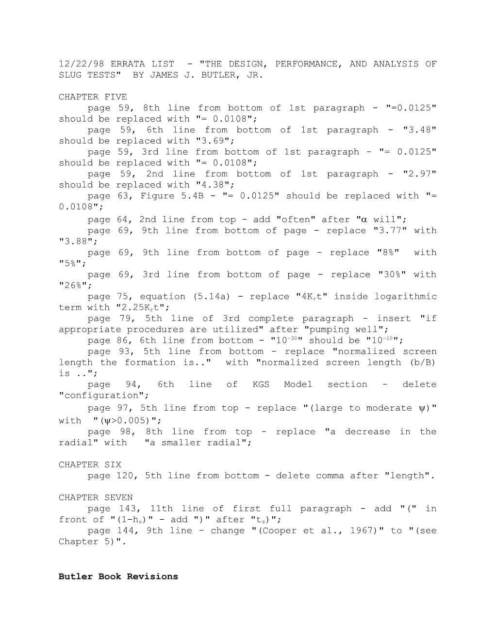 8/6/98 Errata List - the Design, Performance, and Analysis of Slug Tests by James J. Butler, Jr