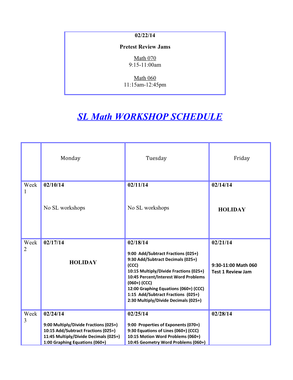 SL Math WORKSHOP SCHEDULE