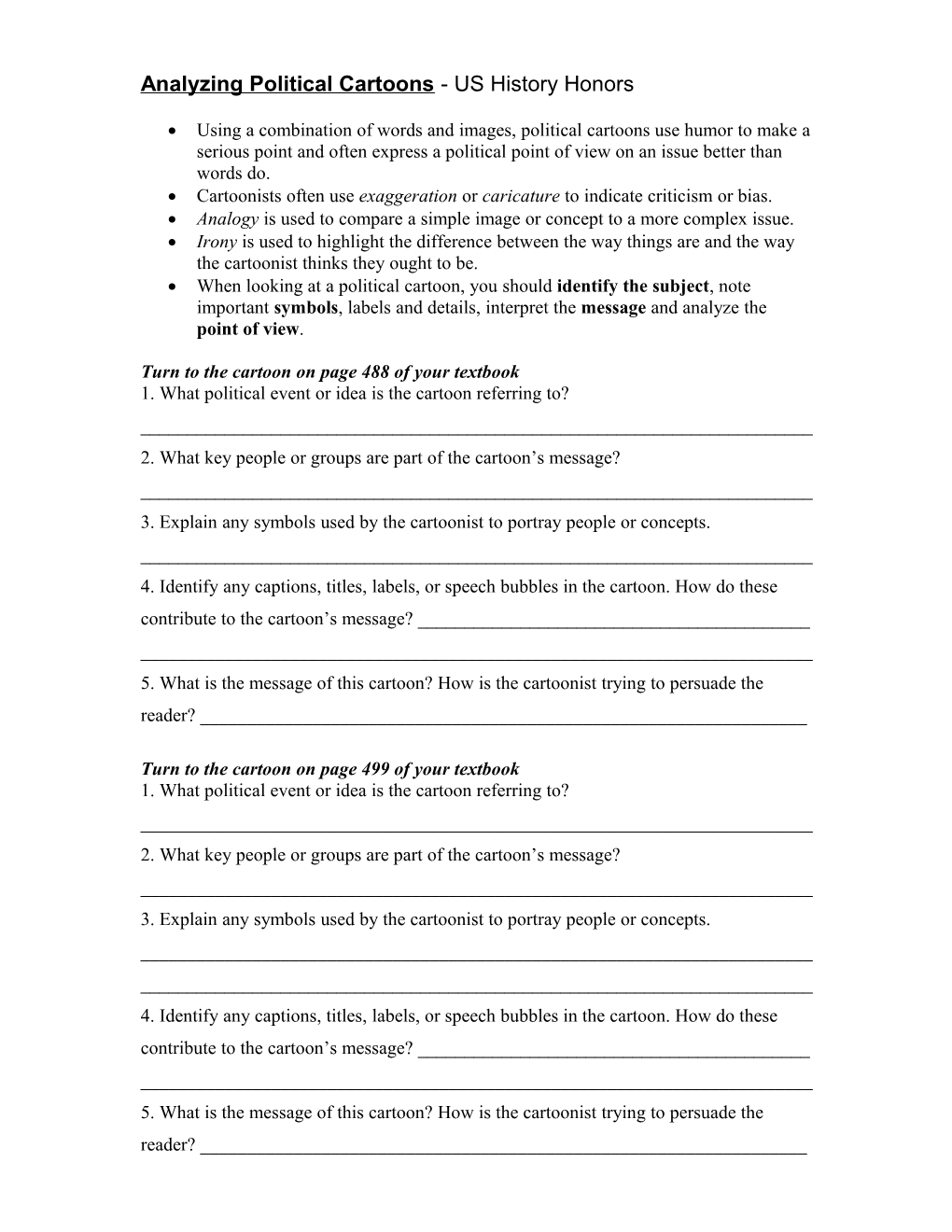 Analyzing Political Cartoons - US History Honors