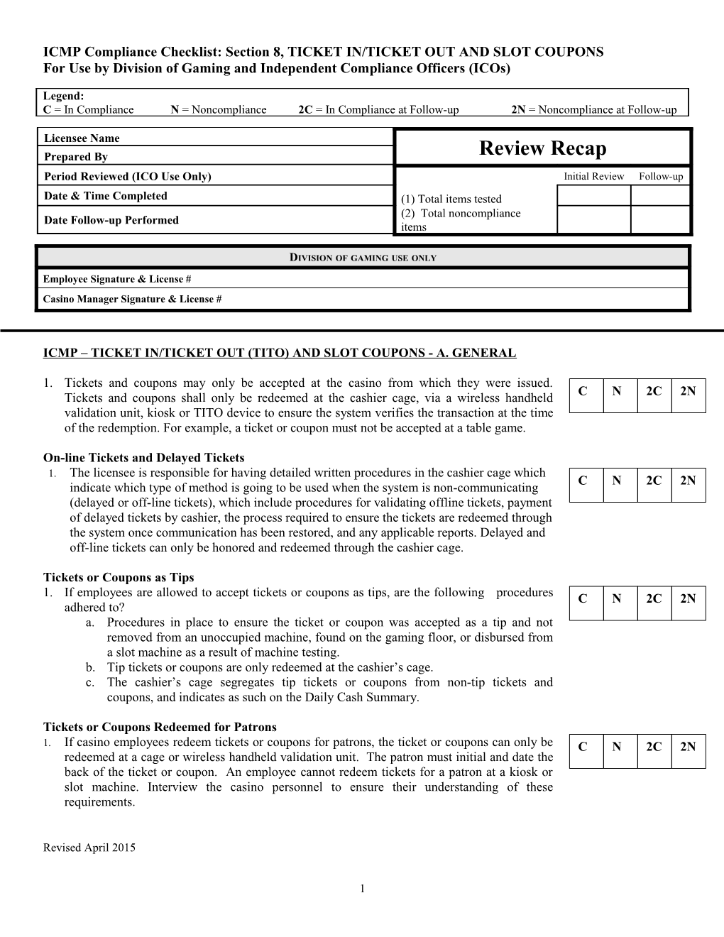 ICMP Compliance Checklist: Section 8, TICKET IN/TICKET out and SLOT COUPONS