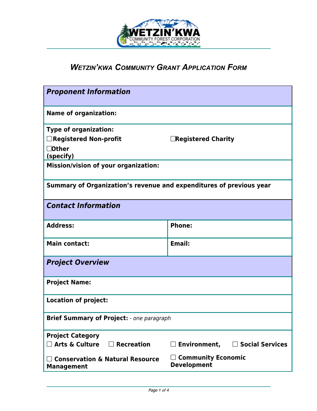 Wetzin Kwa Community Grant Application Form