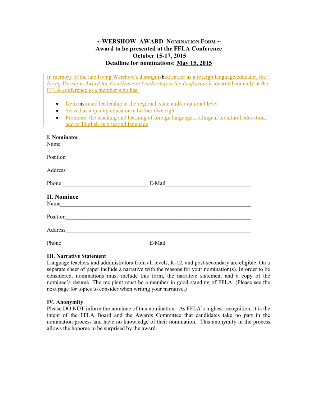 Wershow Award Nomination Form