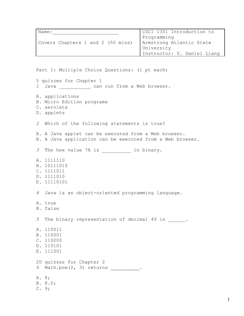 Part I: Multiple Choice Questions: (1 Pt Each)