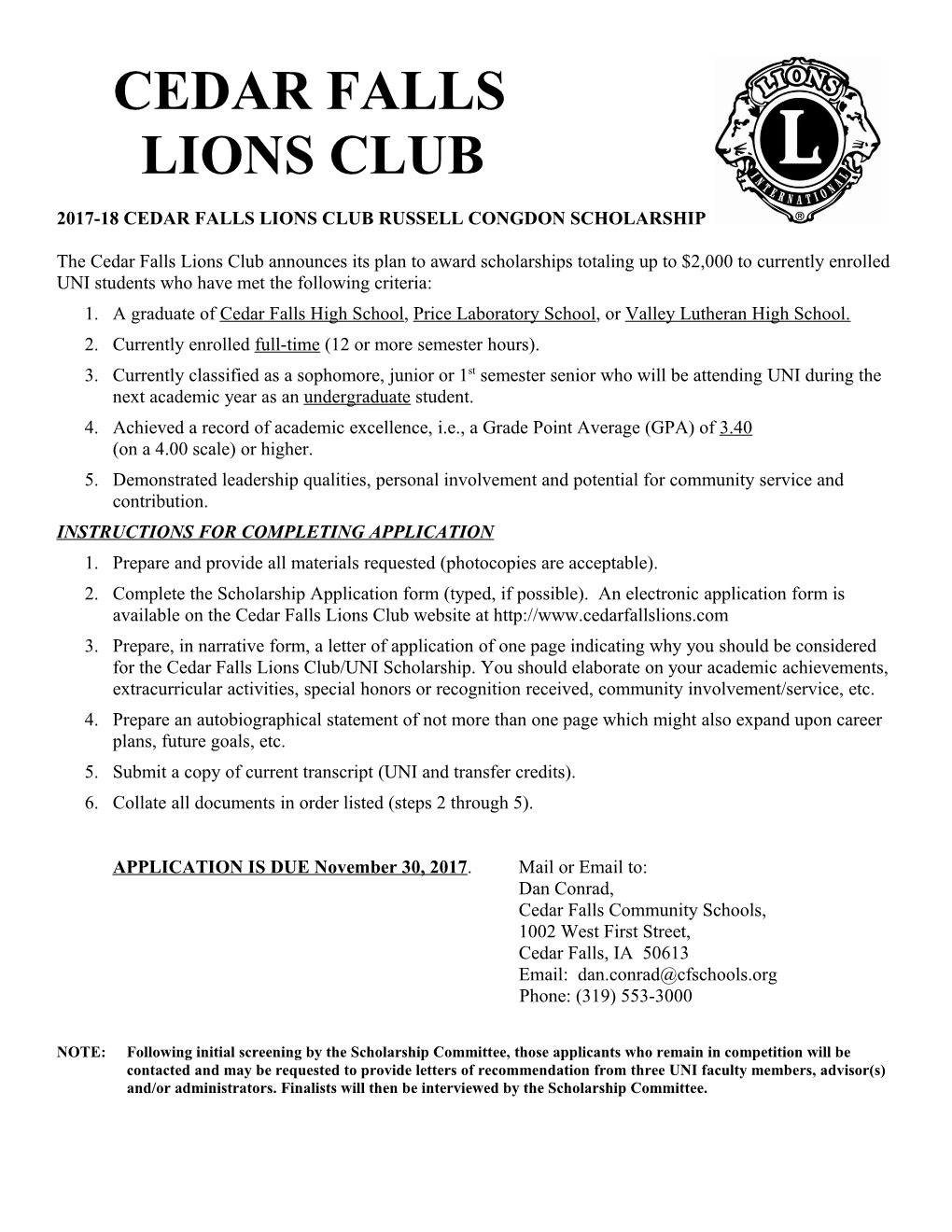 2017-18 Cedar Falls Lions Club Russell Congdon Scholarship