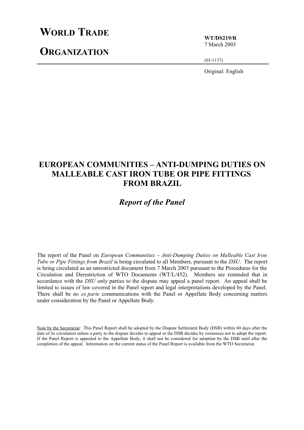 European Communities Anti-Dumping Duties on Malleable Cast Iron Tube Or Pipe Fittings