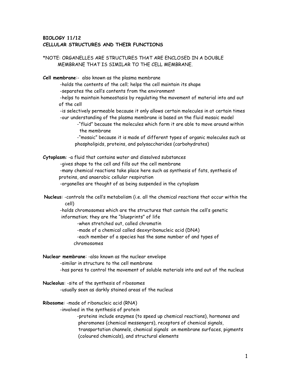 Cellular Structures and Their Functions