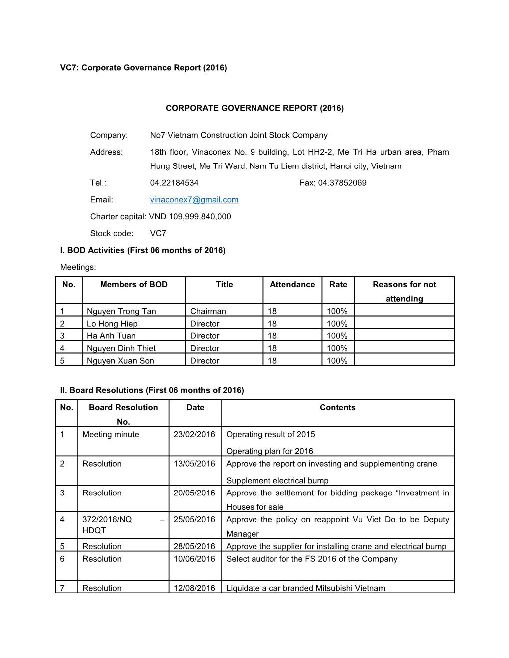 VC7: Corporate Governance Report (2016)