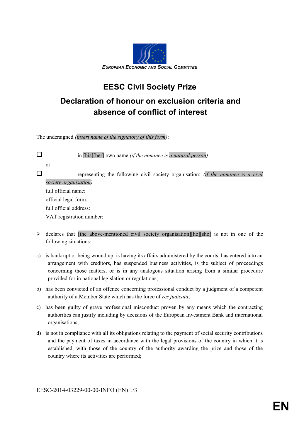 Traduction Declaration Critere Exclusion - Civil Society Prize