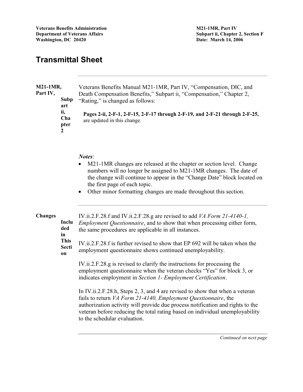 M21-1MR, Part 4, Subptii, Change Document Dated 03/14/06