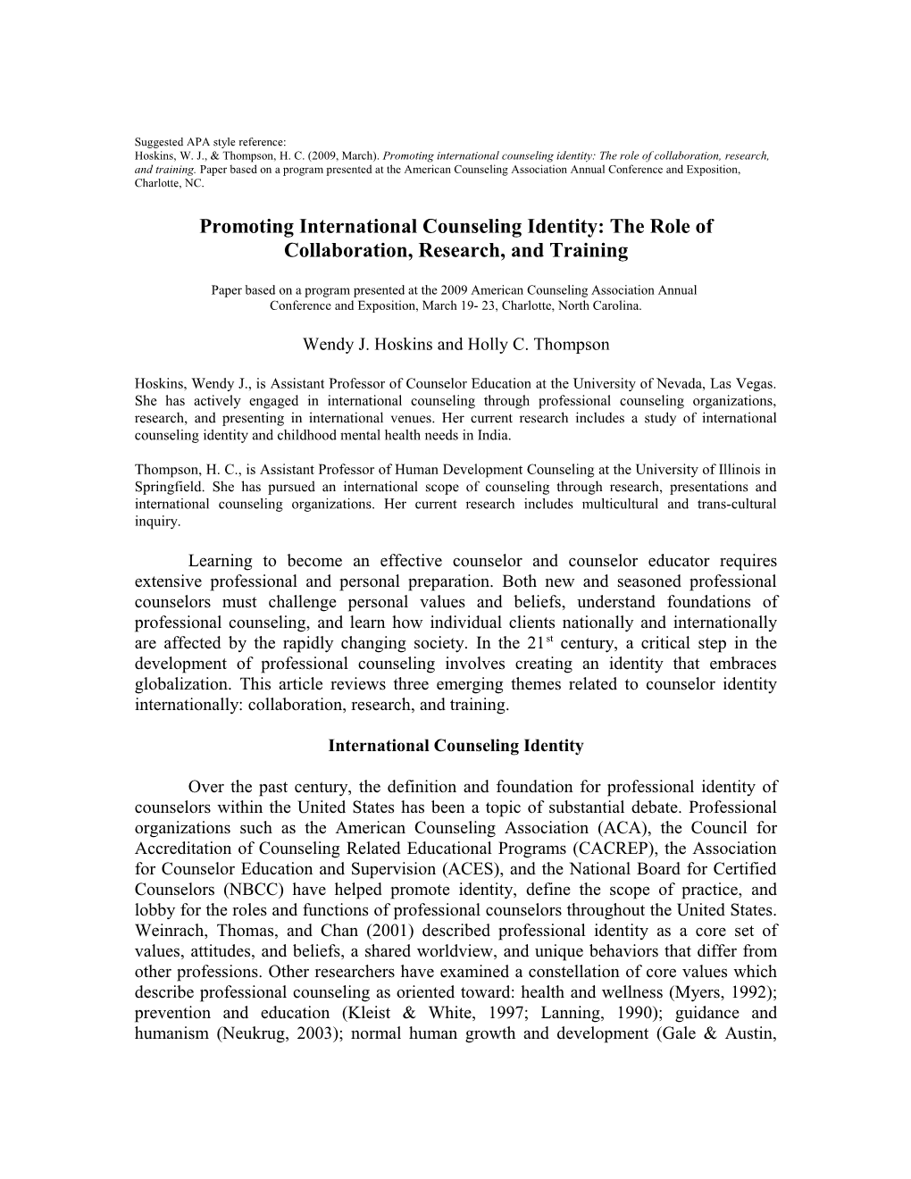 Promoting International Counseling Identity: the Role of Collaboration, Research, and Training