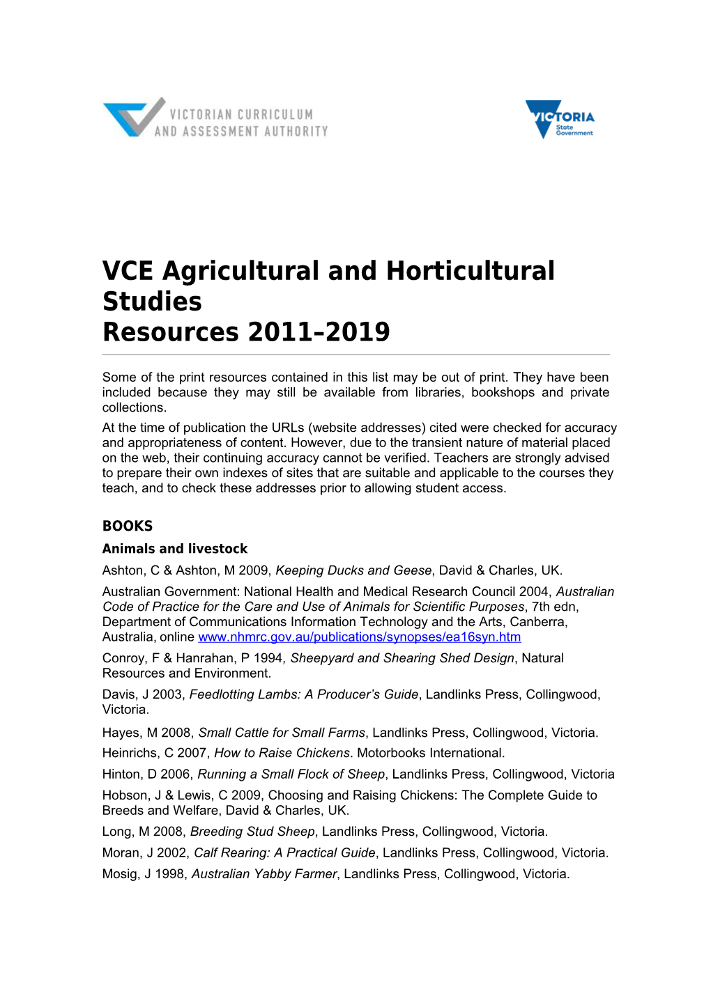 VCE Agricultural and Horticultural Studies Resources 2011-2016