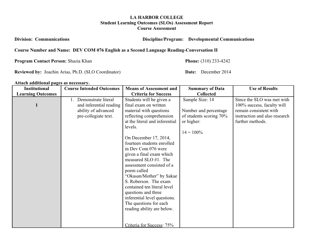 Student Learning Outcomes (Slos) Assessment Report s3