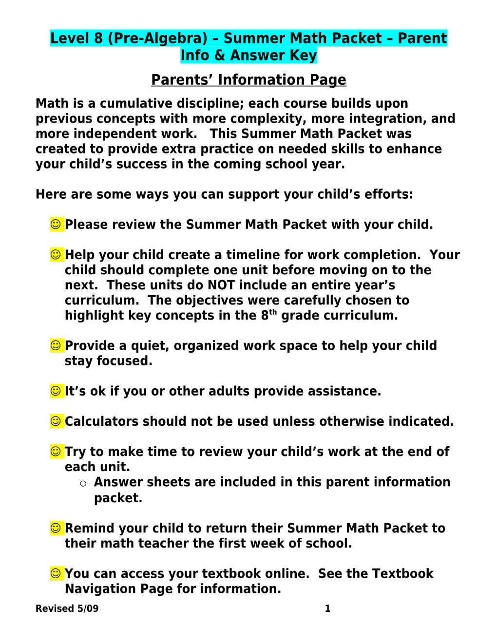 Level 8 (Pre-Algebra) Summer Math Packet Parent Info & Answer Key