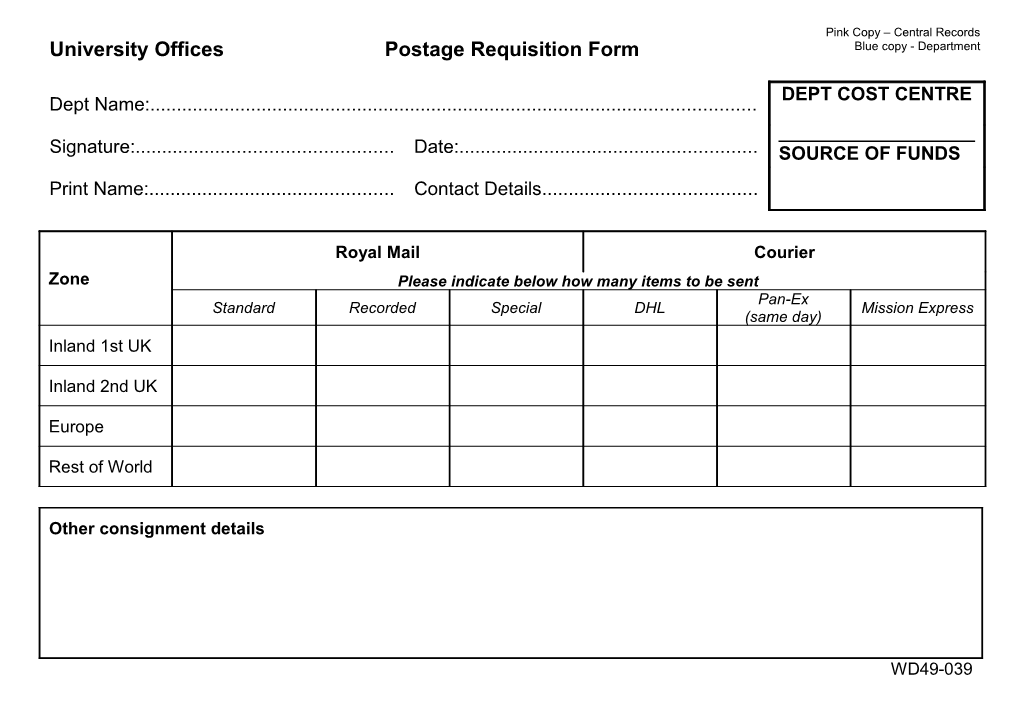 University Offices Postage Requisition Form