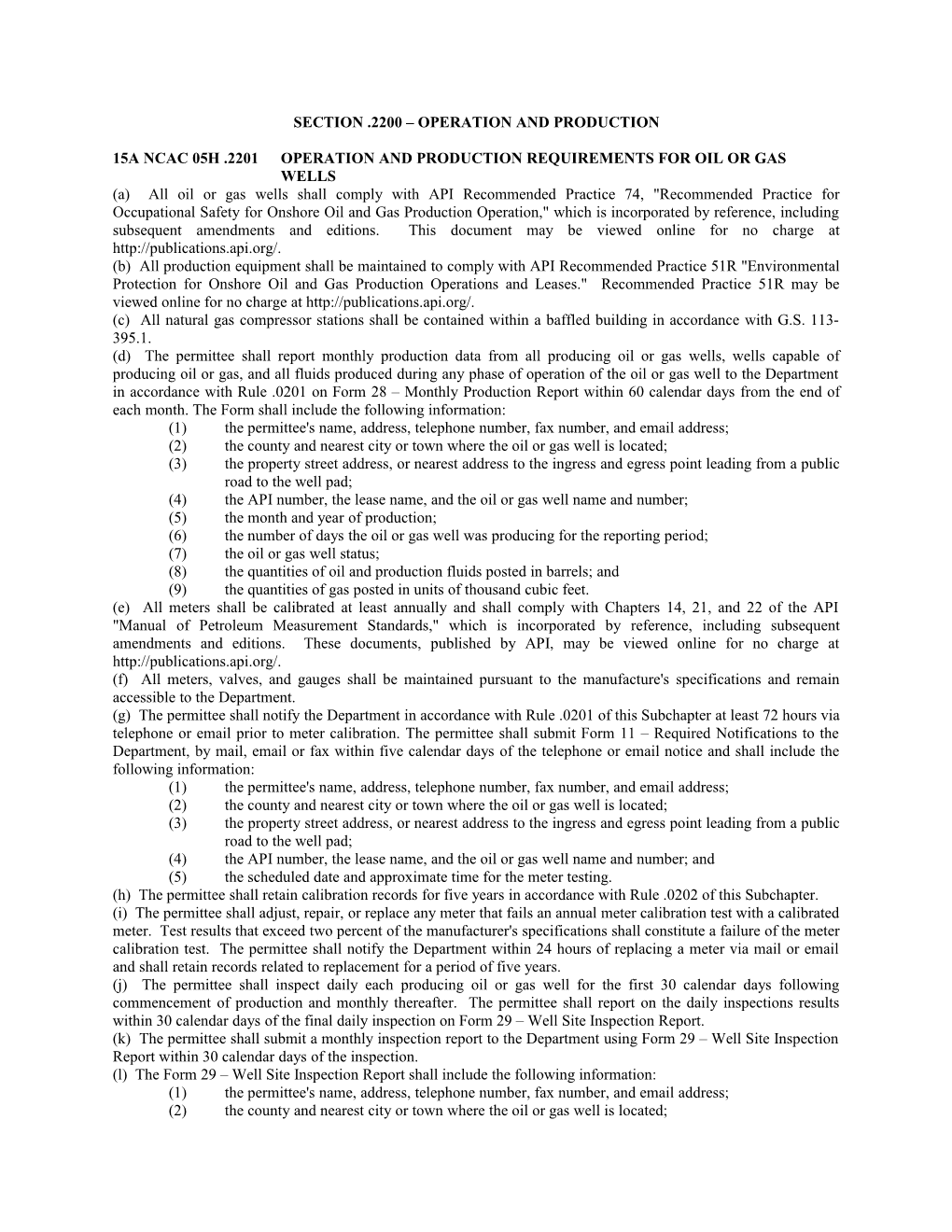 Section .2200 Operation and Production