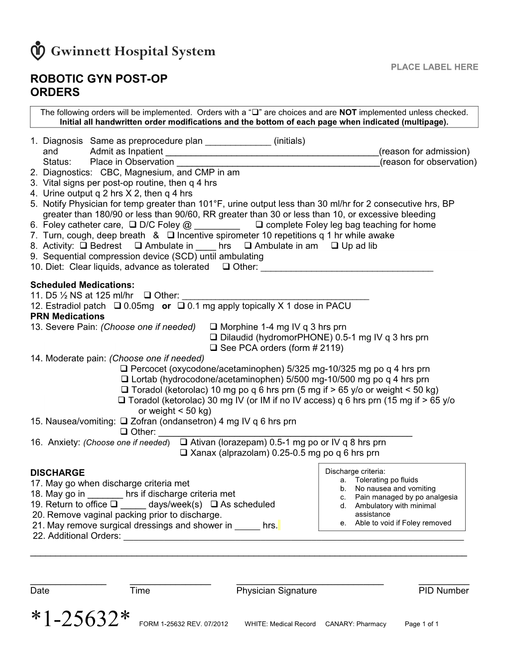 Robotic GYN Post Op Orders