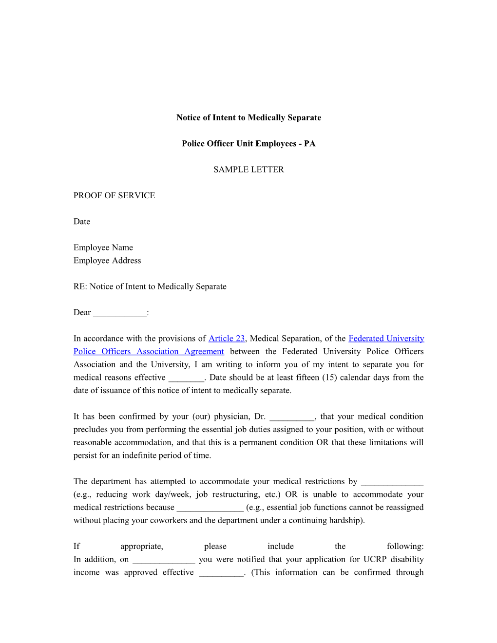 Notice of Intent to Medical Separation