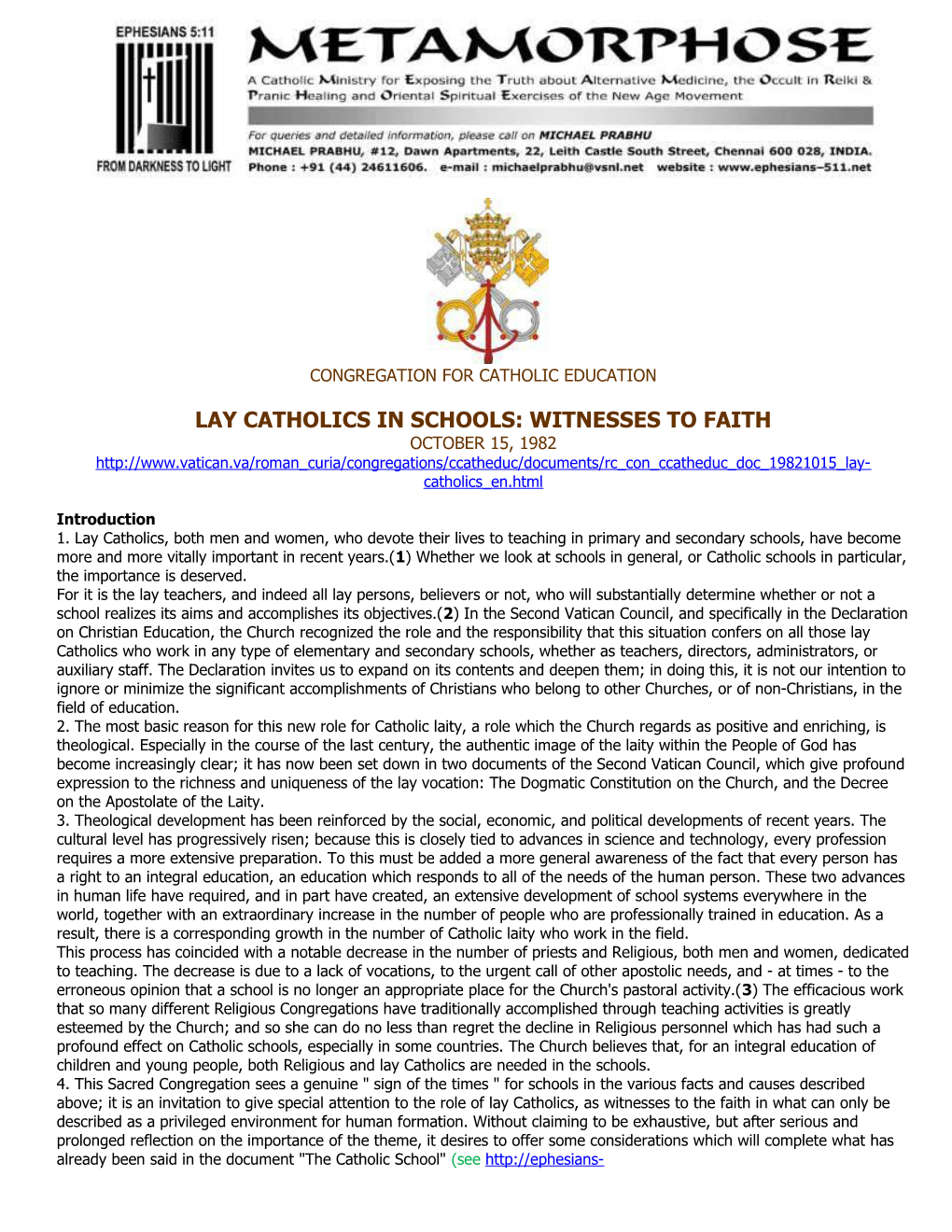 Lay Catholics Inschools: Witnesses to Faith