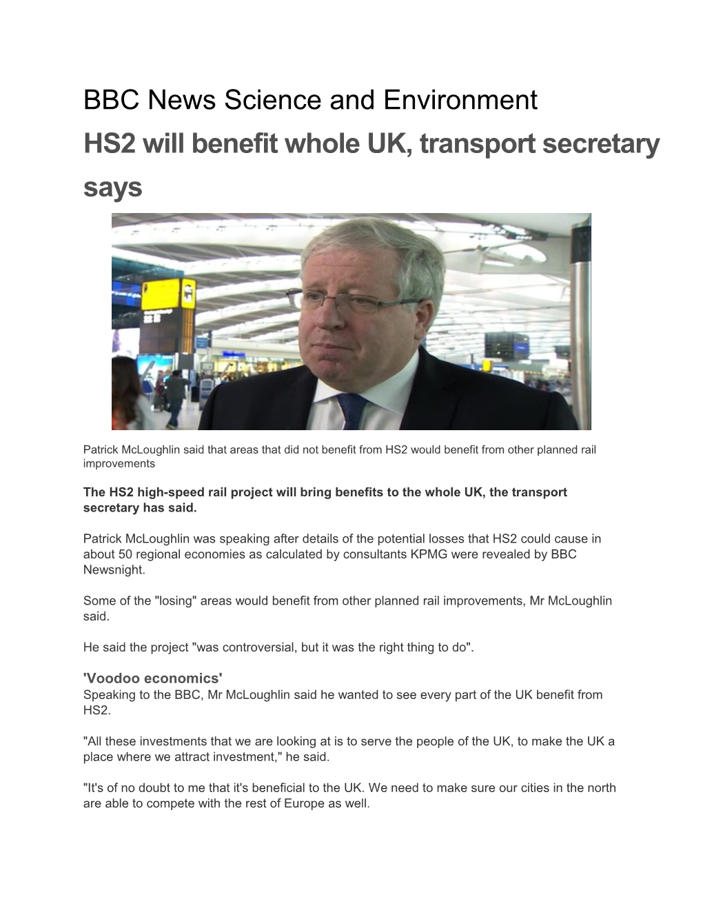 HS2 Will Benefit Whole UK, Transport Secretary