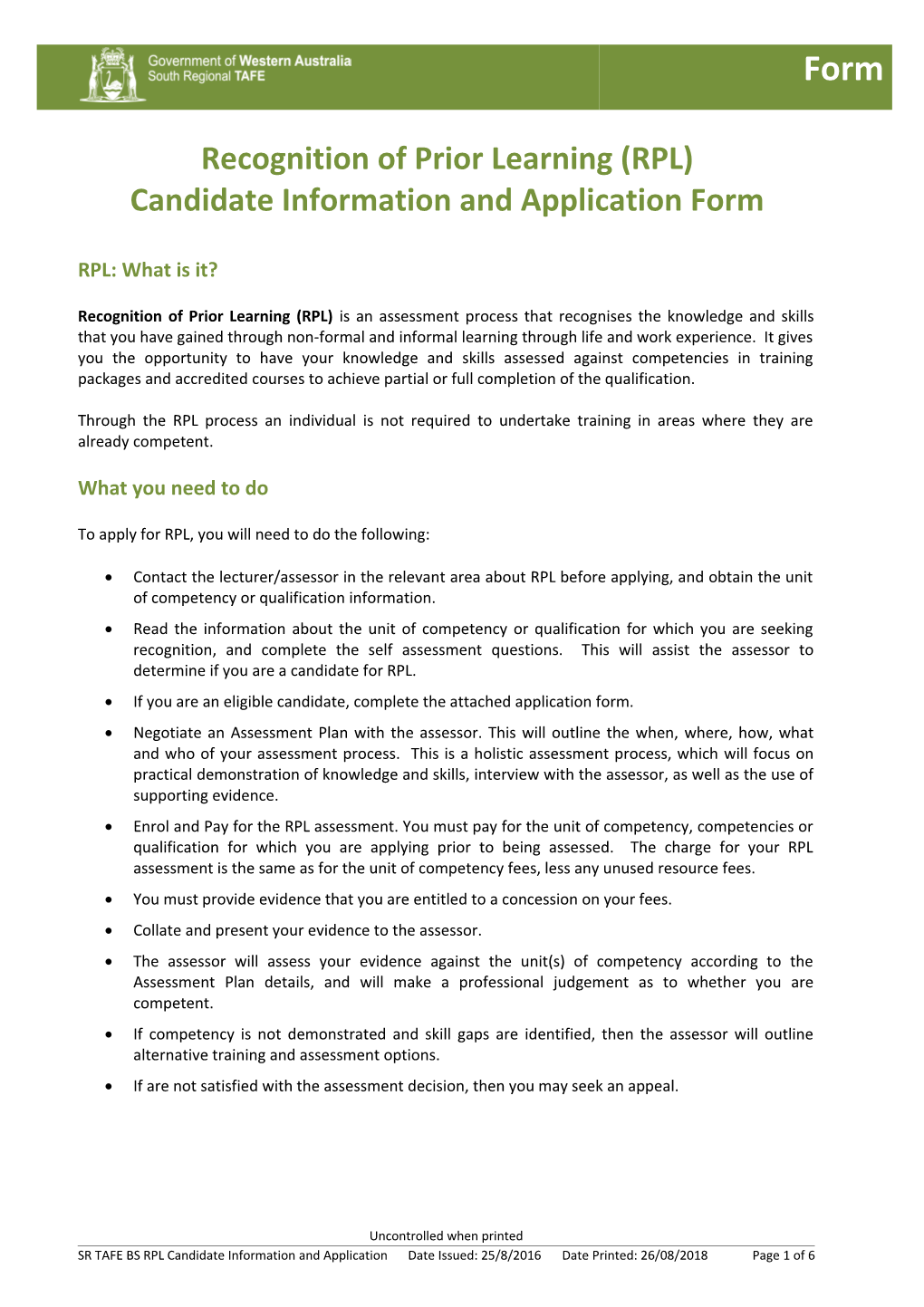 RPL Candidate Information and Application Form