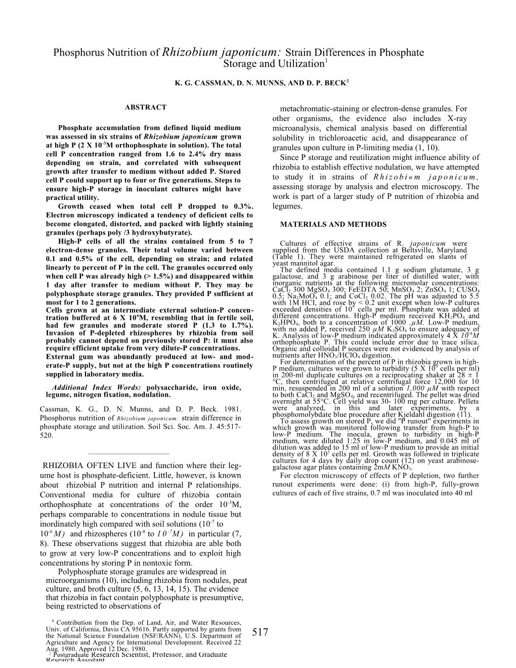 Phosphorus Nutrition of Rhizobium Japonicum: Strain Differences in Phosphate Storage And