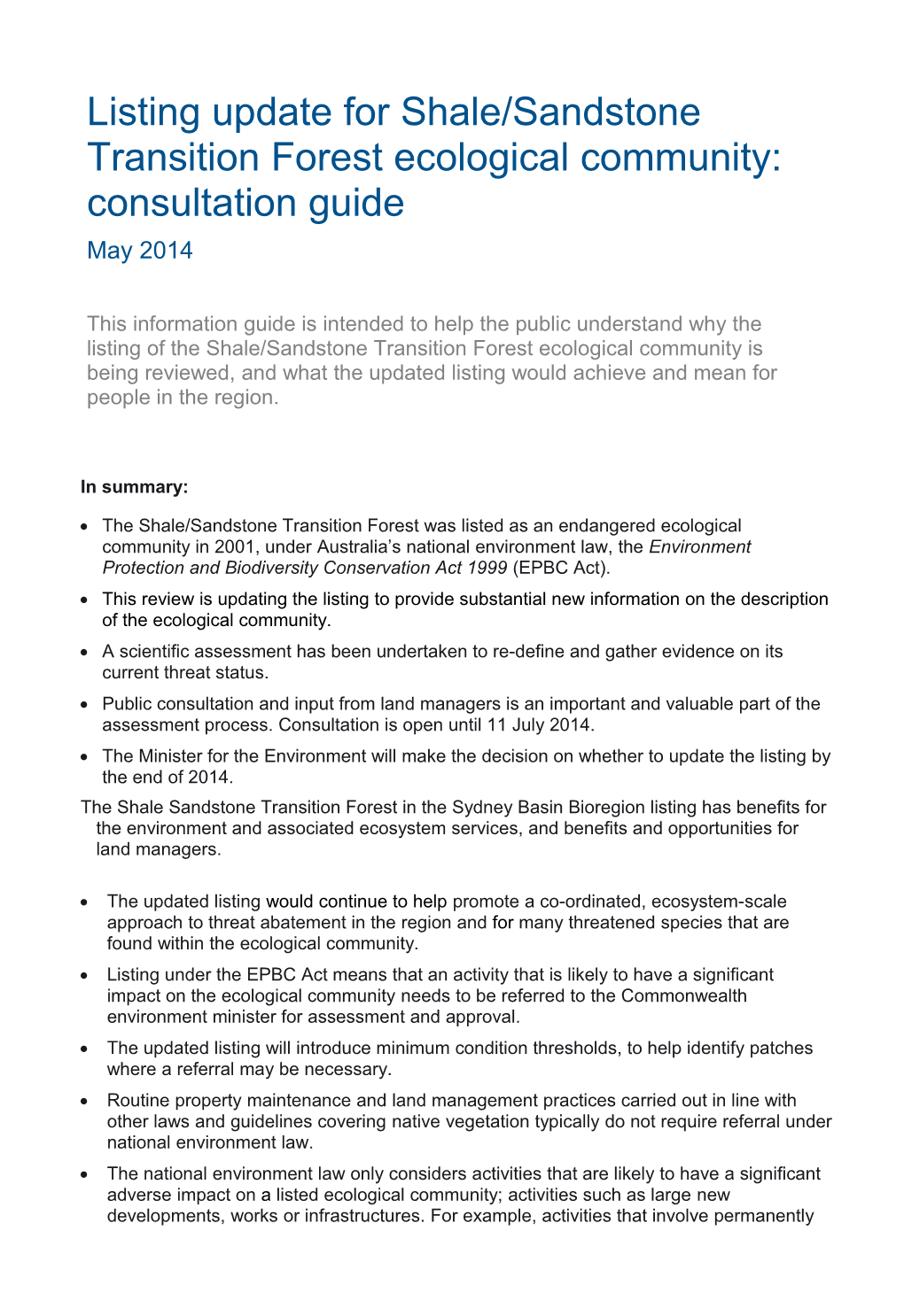 Listing Update for Shale/Sandstone Transition Forest Ecological Community: Consultation Guide