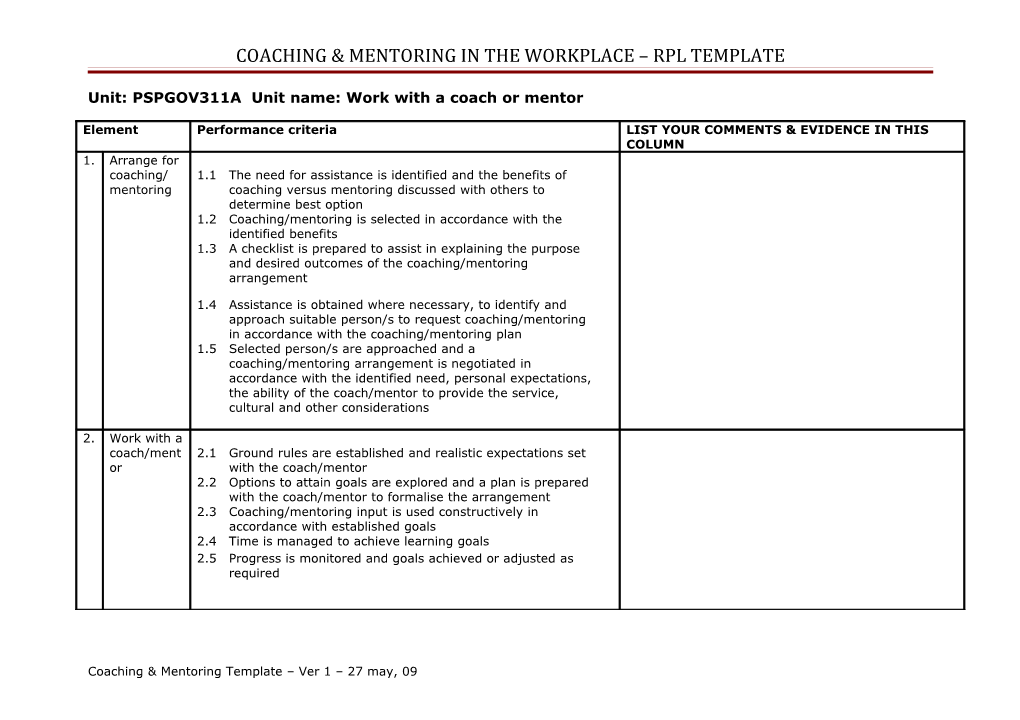 Coaching & Mentoring in the Workplace Rpl Template