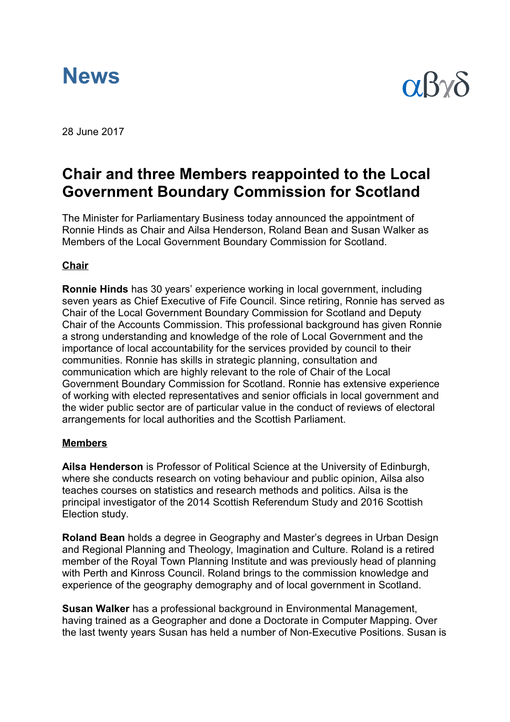 Chair and Three Members Reappointed to the Local Government Boundary Commission for Scotland