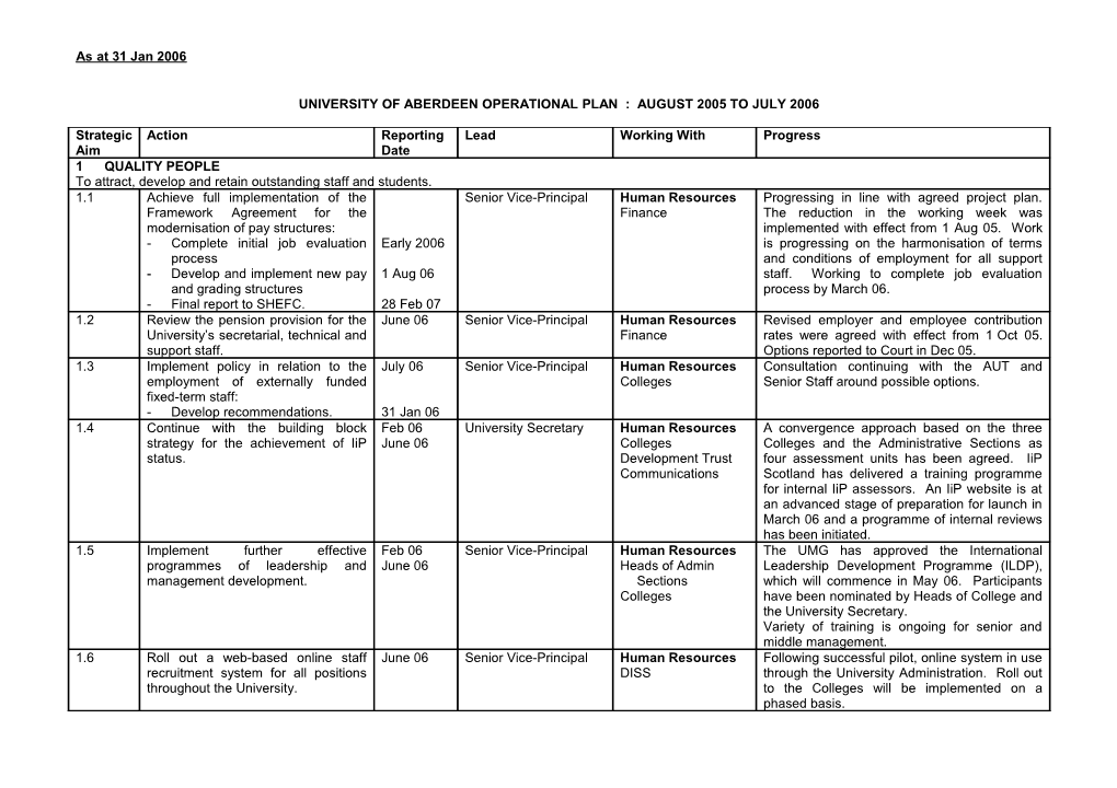 University of Aberdeen Operational Plan : August 2005 to July 2006