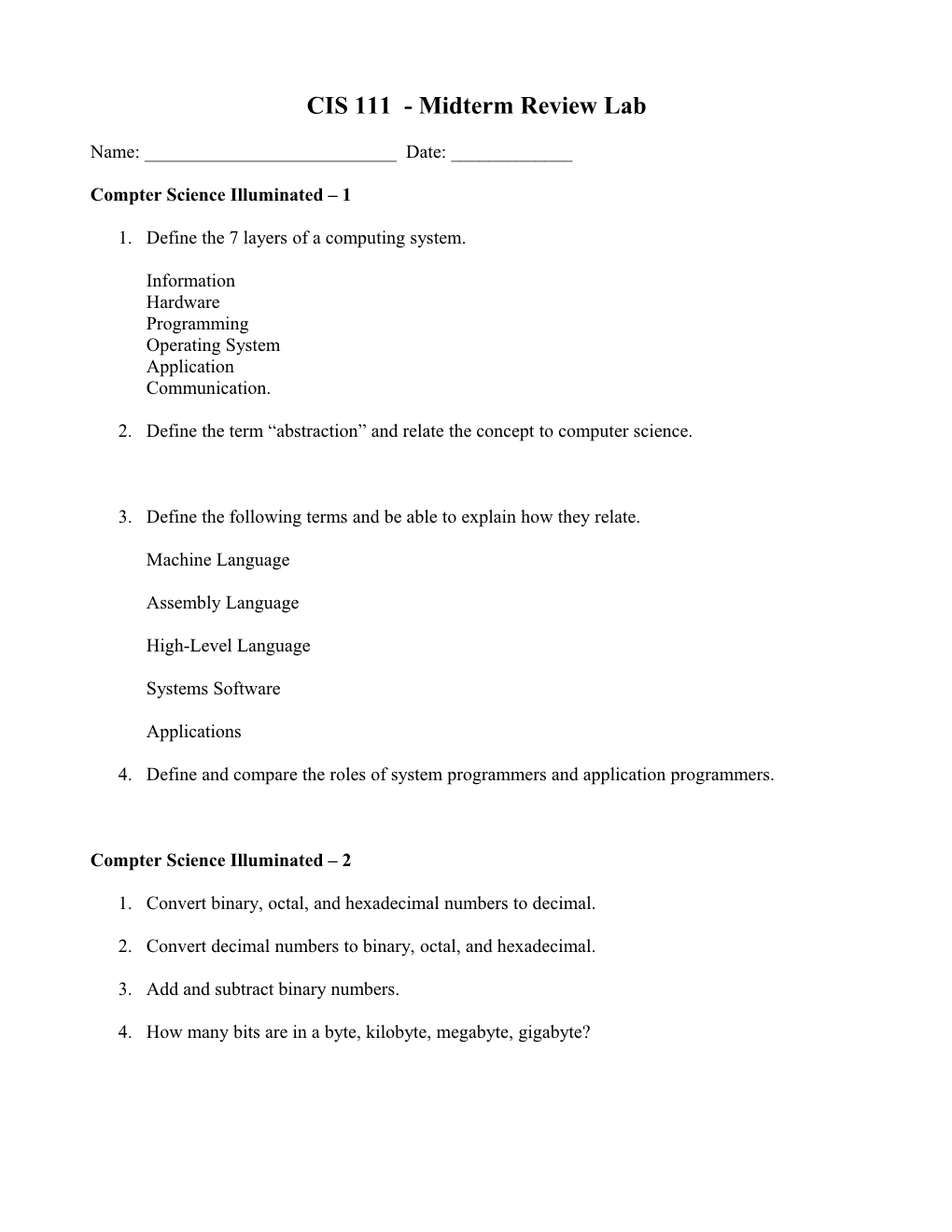 CIS 111 - Midterm Review Lab