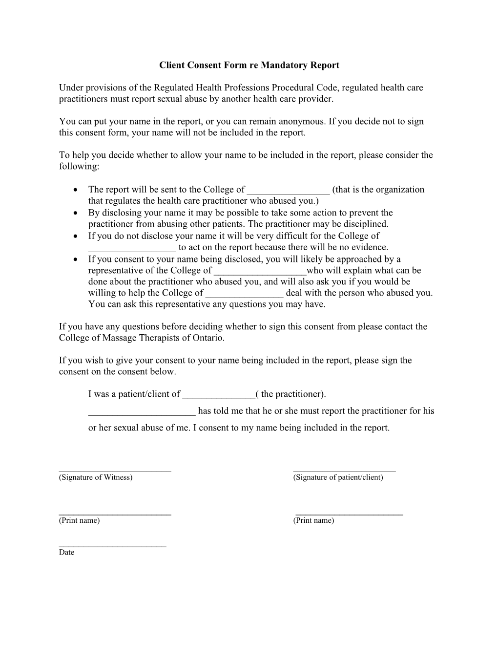 Client Consent Form Re Mandatory Report