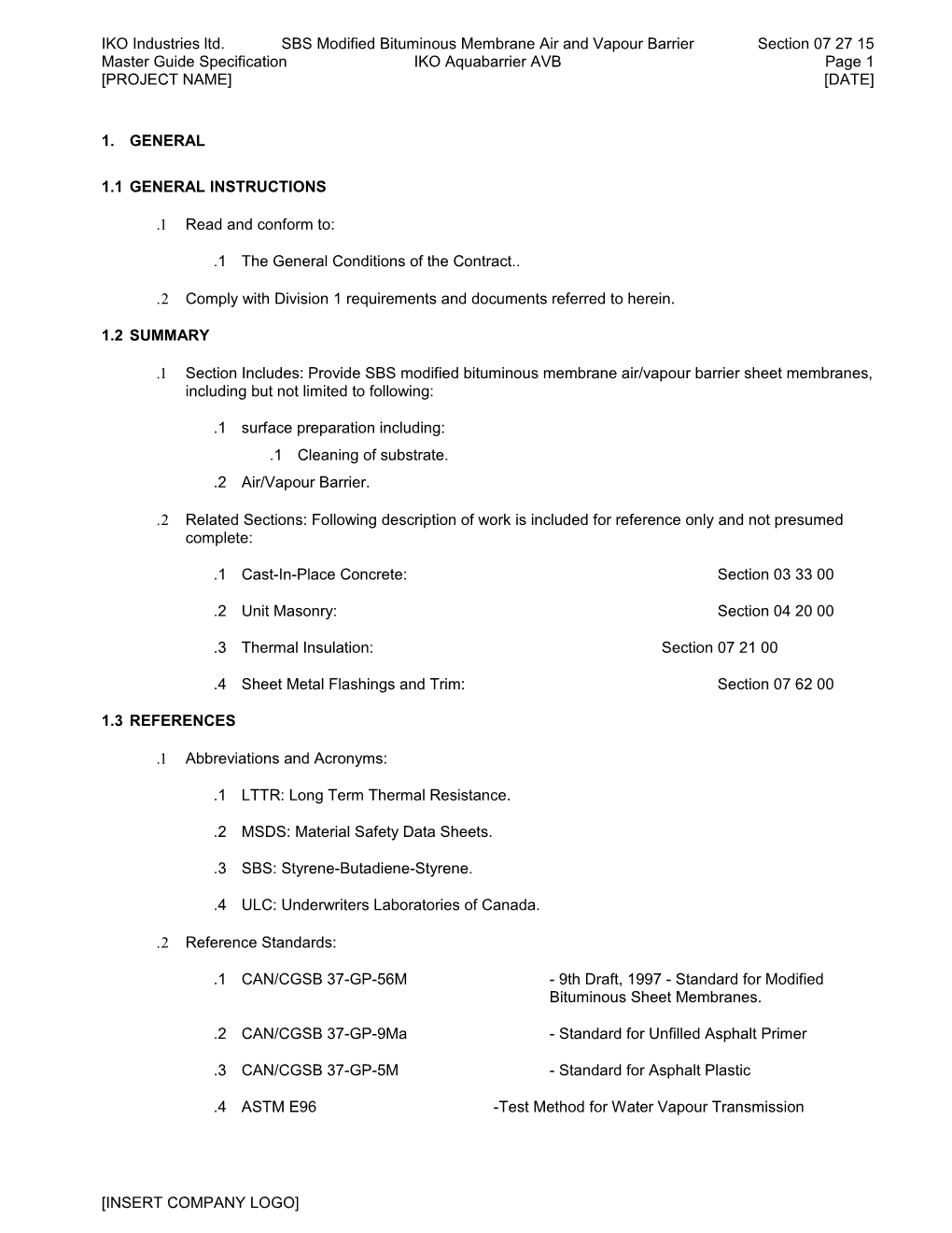 Master Guide Specification IKO Aquabarrier AVB Page 1