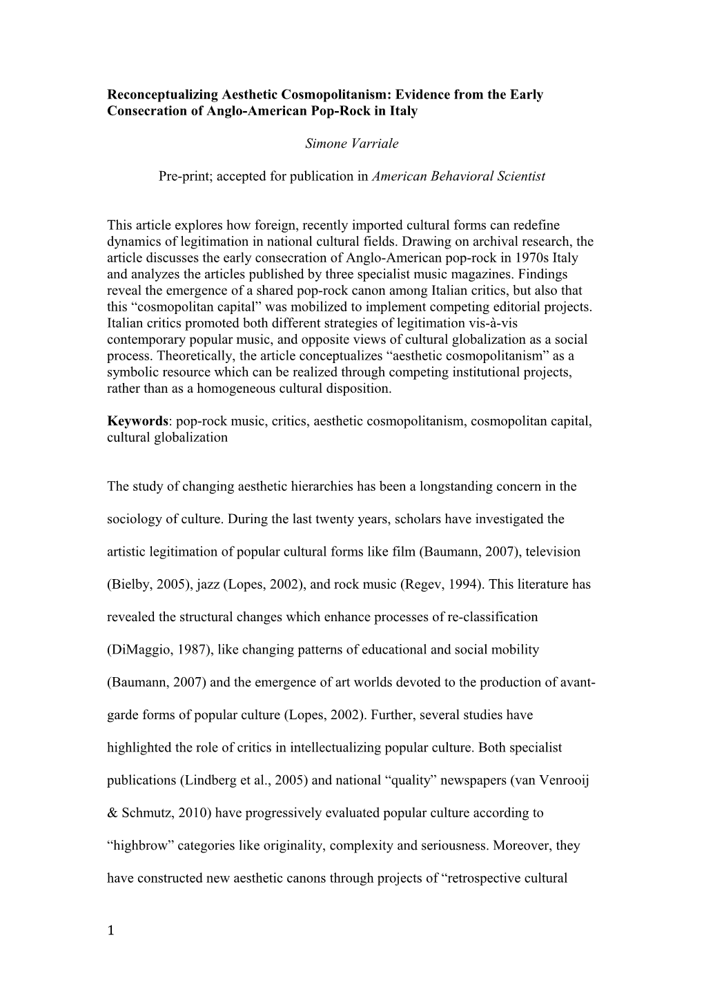 Reconceptualizing Aesthetic Cosmopolitanism: Evidence from the Early Consecration Of