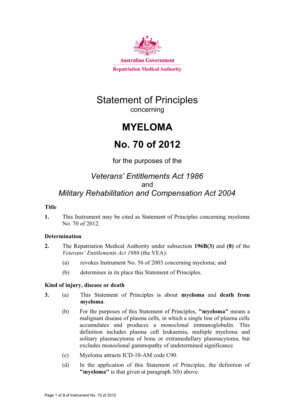 Statement of Principles 70 of 2012 Myeloma Balance of Probabilities