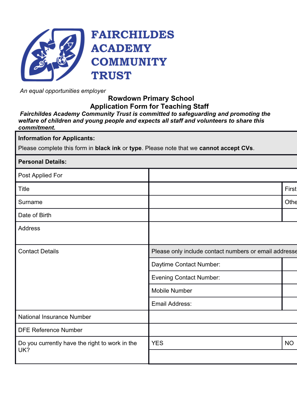 Application Form for Teaching Staff
