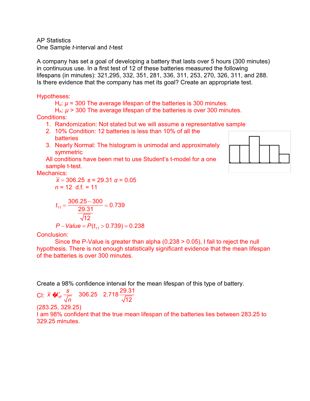 One Sample T-Interval and T-Test