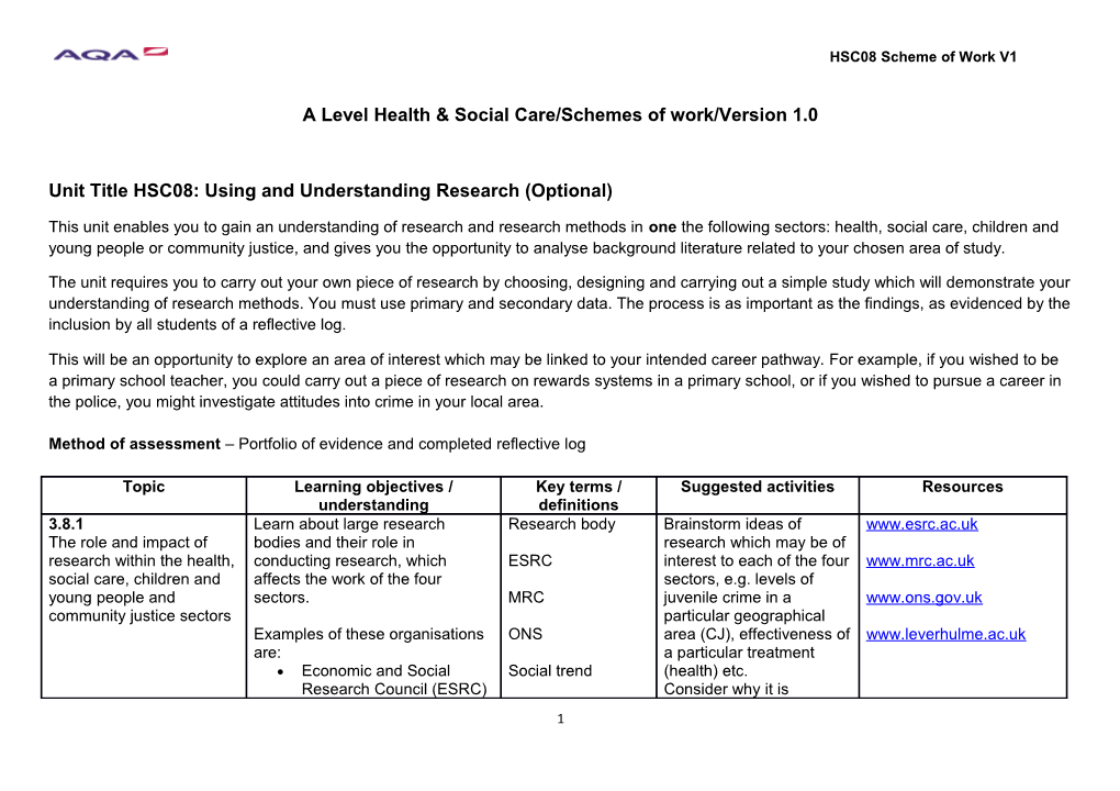 A Level Health & Social Care/Schemes of Work/Version 1.0