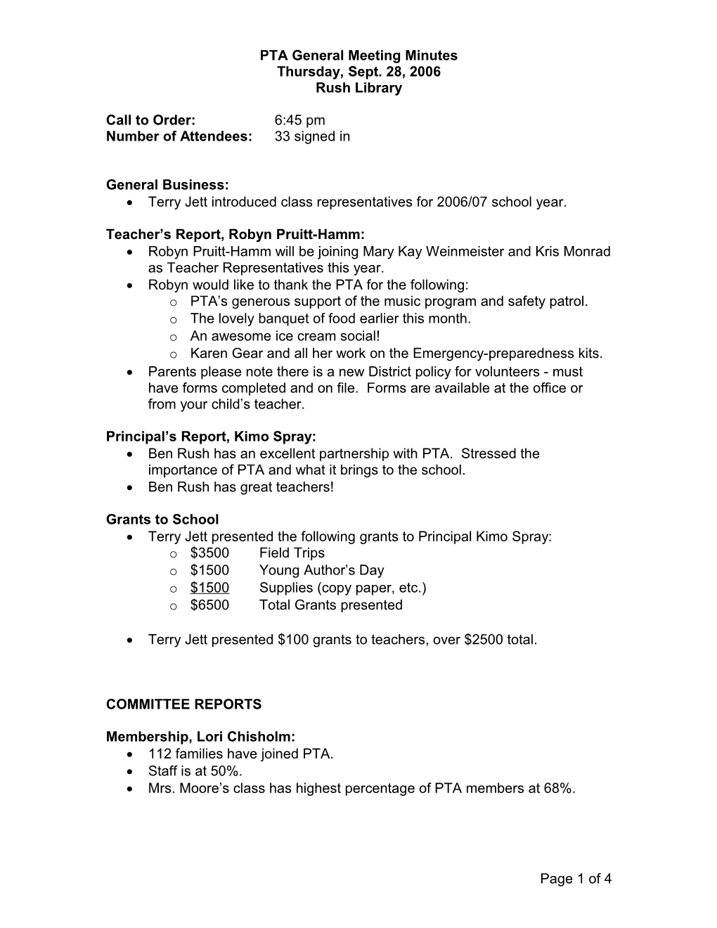 PTA General Meeting Minutes