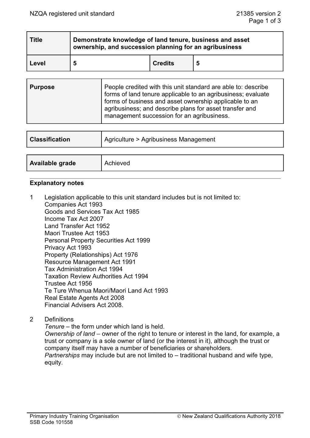 21385 Demonstrate Knowledge of Land Tenure, Business and Asset Ownership, and Succession