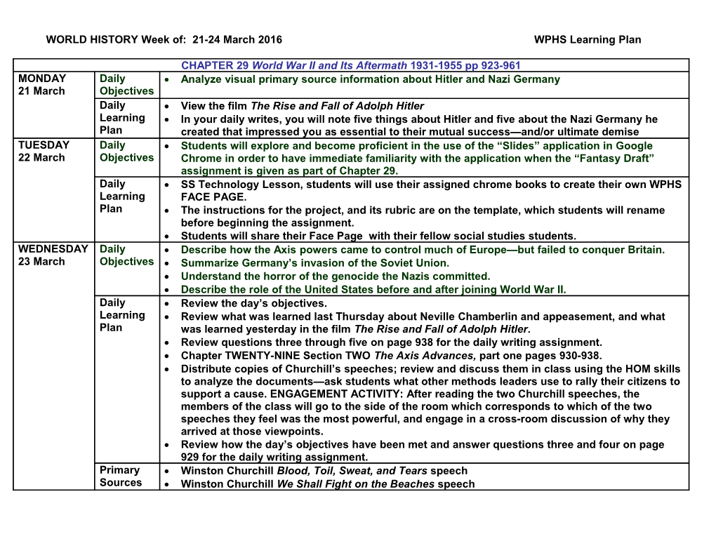 World History Week Of: 21-24 March 2016 WPHS Learning Plan