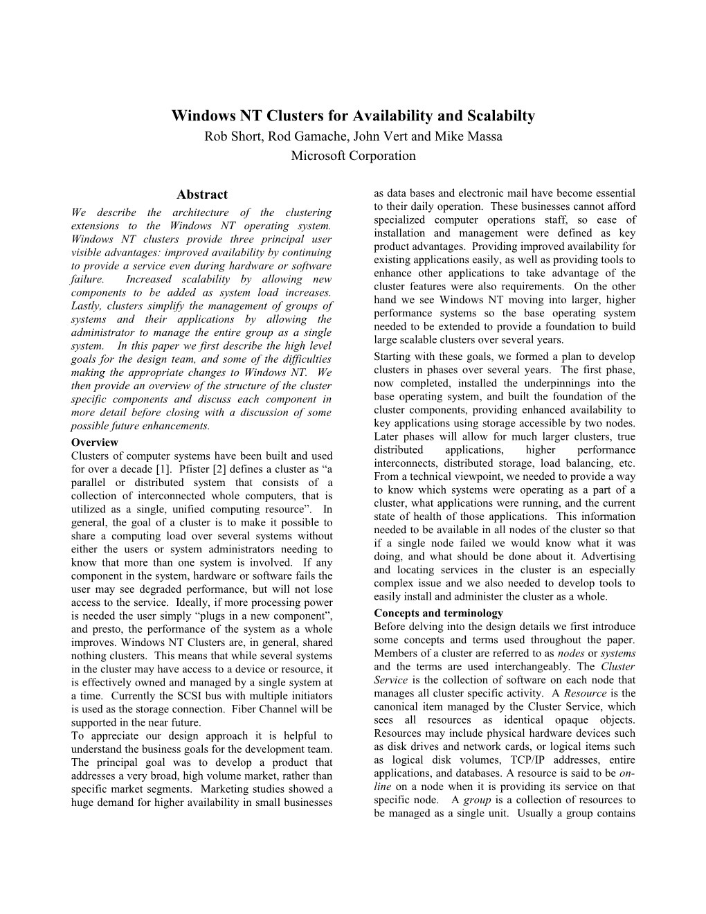 Windows NT Clusters for Availability and Scalabilty